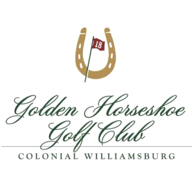 Logo of Golden Horseshoe Golf Club at Colonial Williamsburg featuring a horseshoe, a golf flag with the number 18, and elegant text.