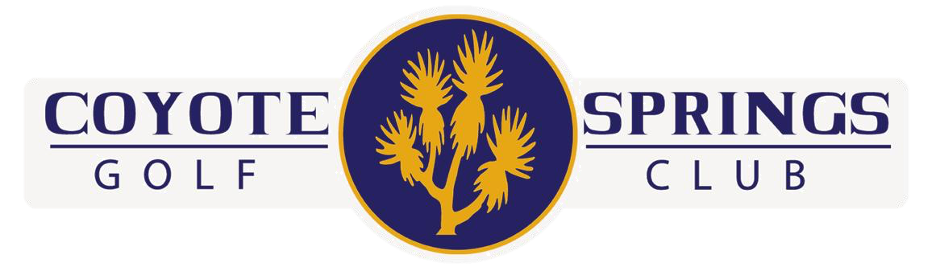 Logo for Coyote Springs Golf Club with a stylized cactus in yellow on a dark blue circle and the club's name.