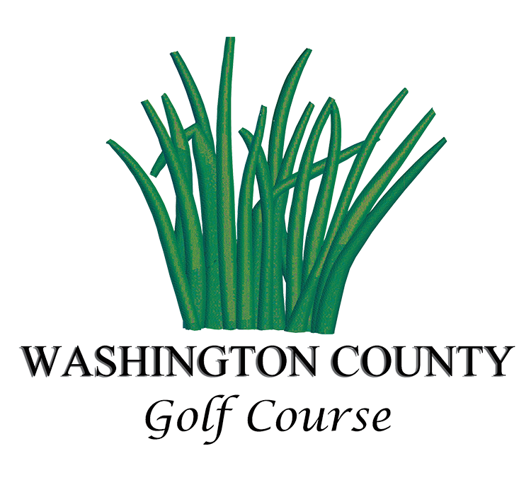Logo for Washington County Golf Course featuring green golf club heads and grass, with text underneath.