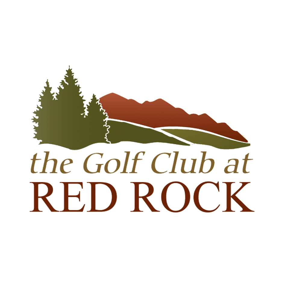 A logo for the golf club at Red Rock featuring trees, mountains, and text.