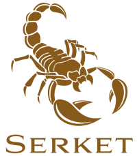 A brown scorpion graphic with the word 'SERKET' underneath.