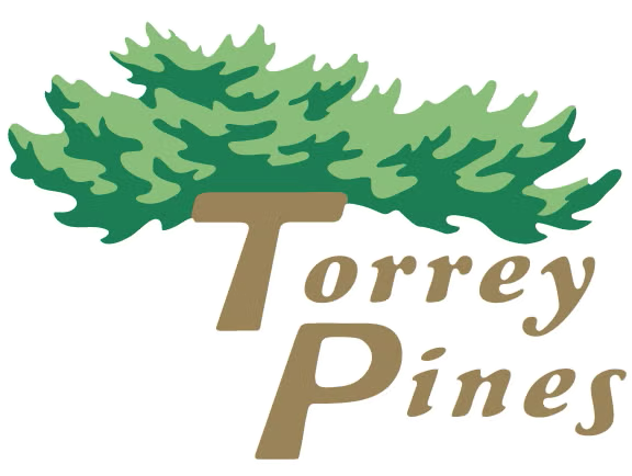 Logo with green pine tree illustration and the text 'Torrrey Pines' in brown and beige lettering.