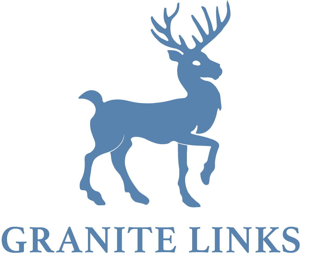 Blue silhouette of a stag with large antlers, above the text 'Granite Links' in blue.