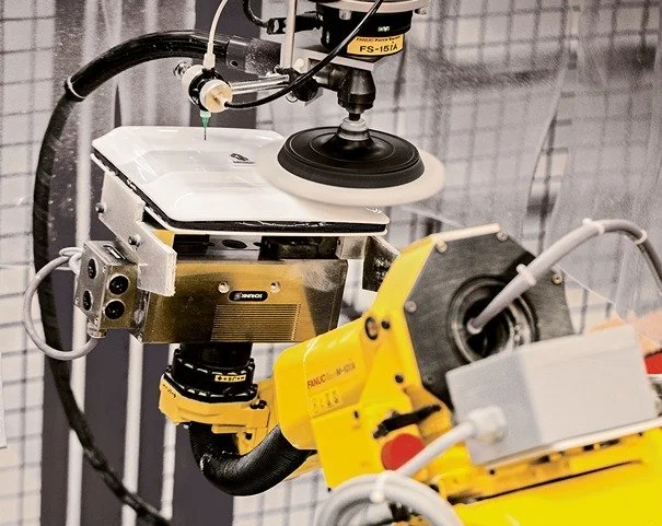 FANUC FS-15iA force sensor being used in a polishing application.