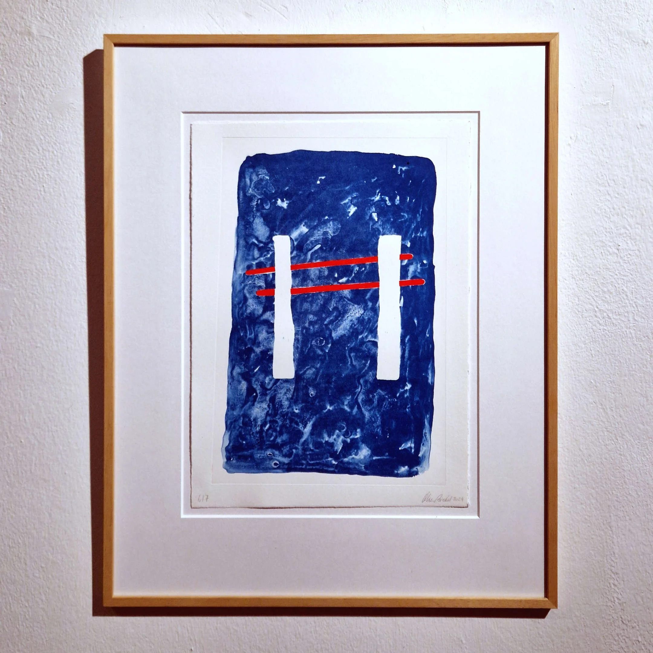 Title: n.T. (“Torii”)
Technique: Algraphy in 2 colors on Alt Jülich Hellweiß Bütten 300g
Size: 25 x 35cm
Edition: 7 + 2 EdA
Year: 2024