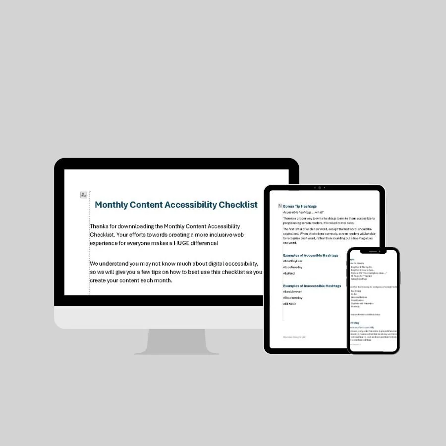The Monthly Content Accessibility Checklist displayed on a laptop, tablet, and smartphone.
