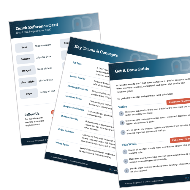 Three printed pages fanned atop each other; the reference guide, key terms, and get it done guide.