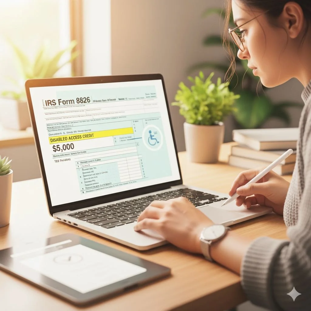 A woman on a laptop reviewing IRS Form 8826, a tax credit for small businesses that prioritize digital accessibility.