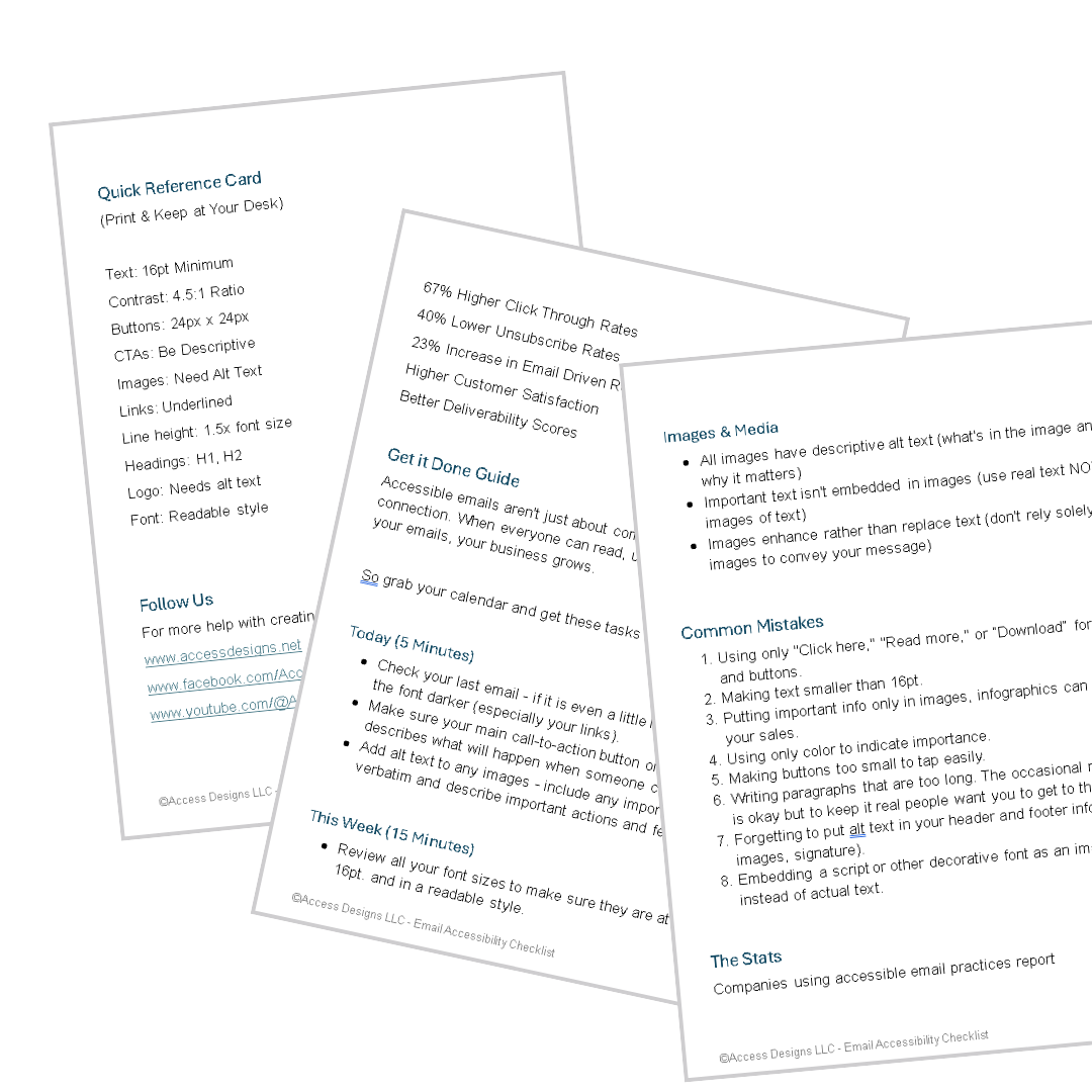Three pages from the Email Accessibility Checklist printed out and laid on a table.