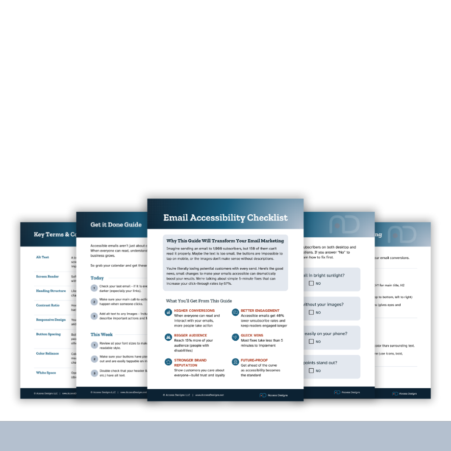 A display of multiple pages from the Monthly Content Accessibility Checklist feathered atop each other.