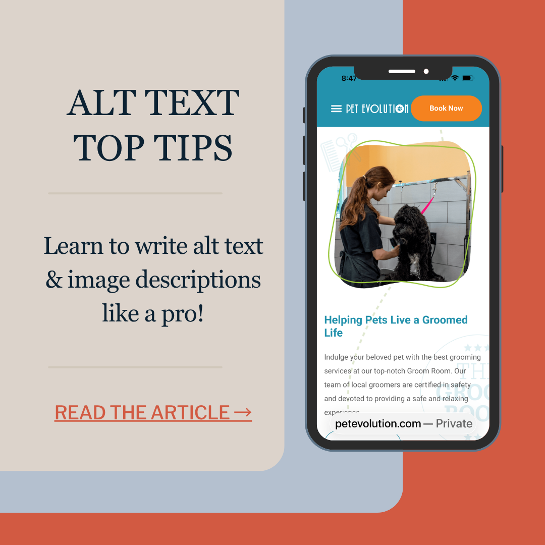 A smartphone displaying a page from a pet grooming company. The text next to the phone reads "Alt text top tips, learn to write alt text & image descriptions like a pro, read the article."