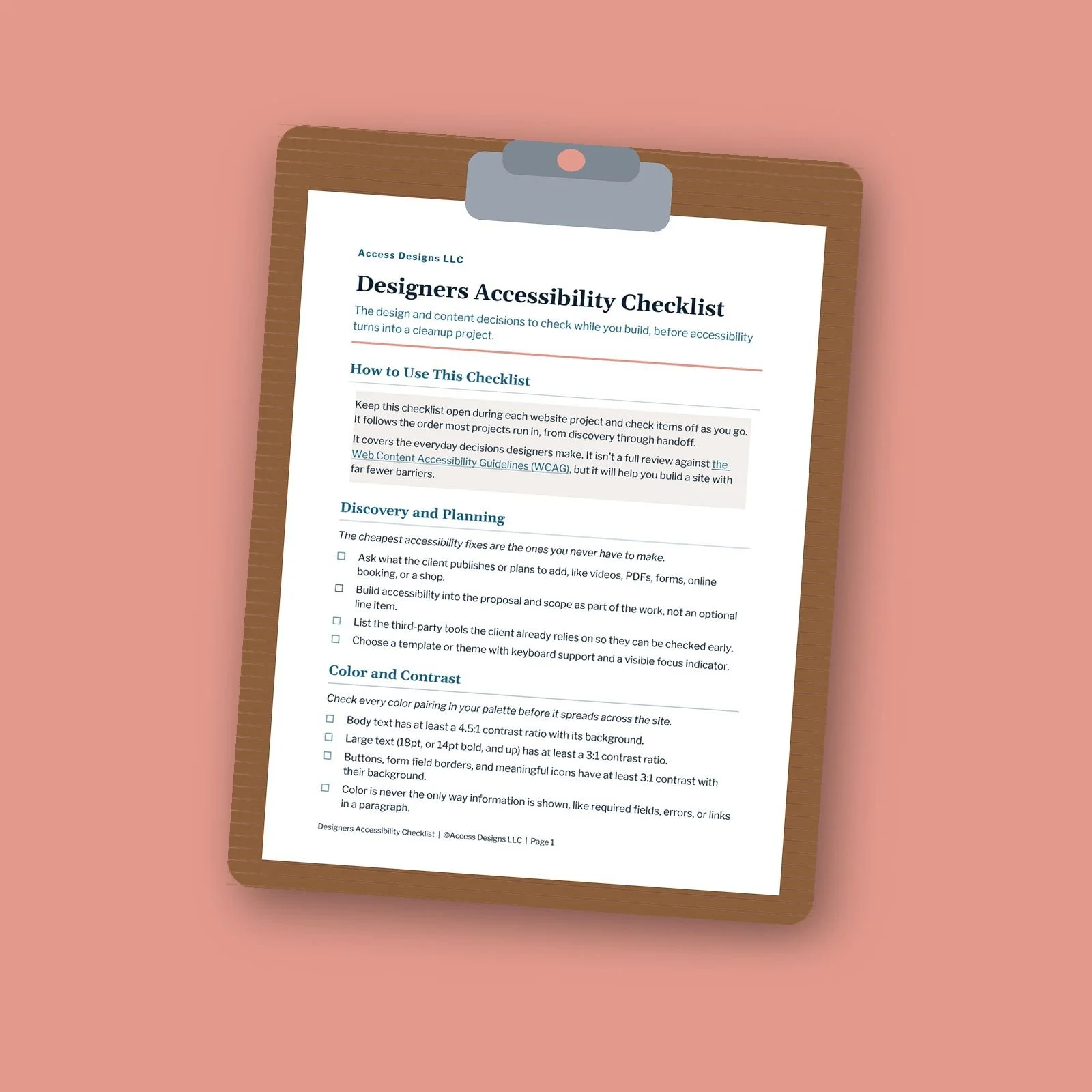 Designers Accessibility Checklist on a clipboard