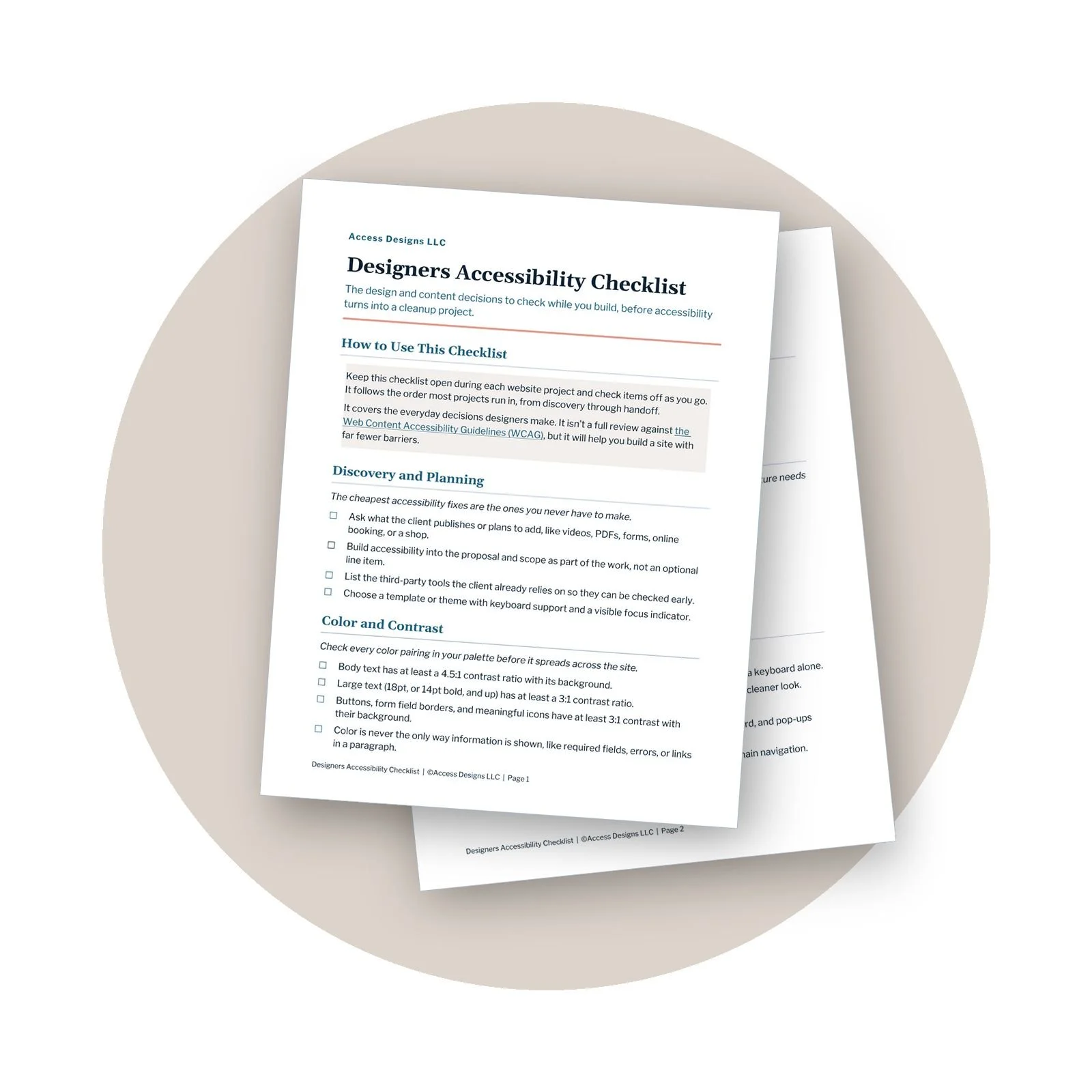 Stacked pages of the Designers Accessibility Checklist