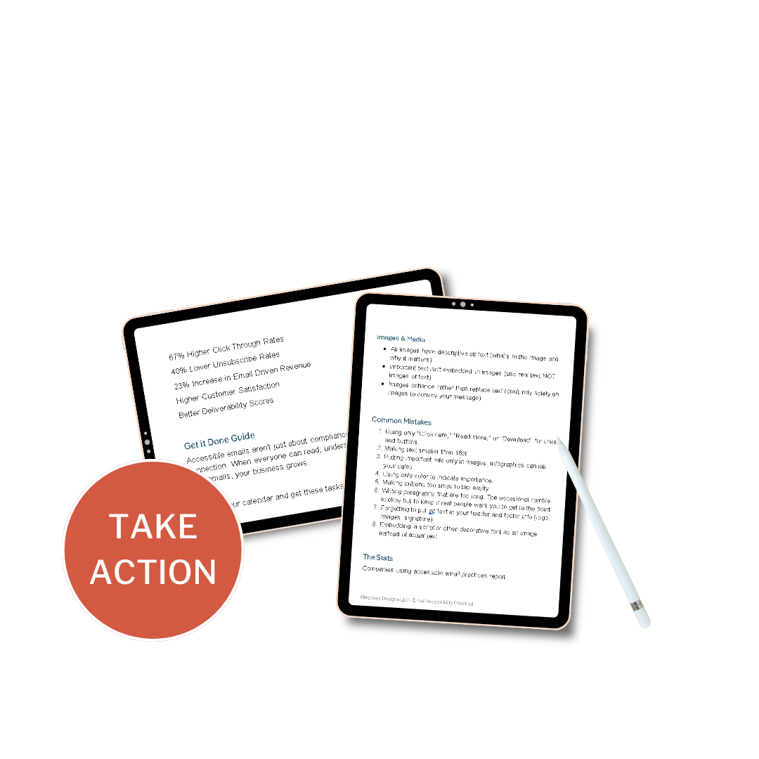 Two tablets, one displayed vertically and one horizontally, showing pages from the accessible word document and a coral circle with the words "Take Action."