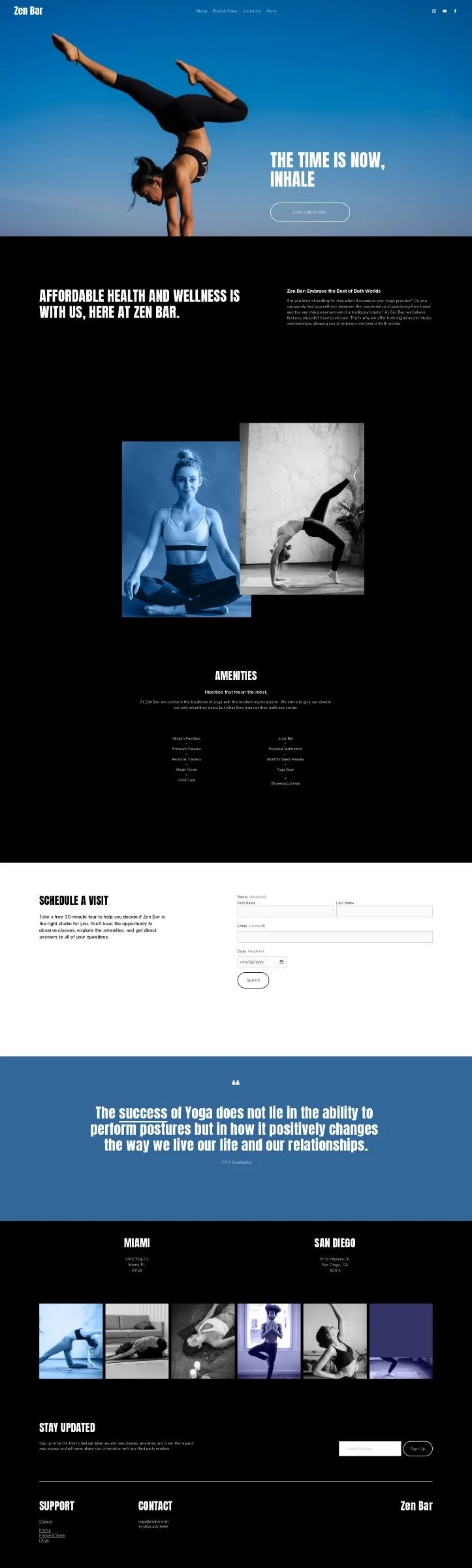 A modern website for Zen Bar, a yoga studio. The site uses a glassy blue-gray accent color with black and white base colors. Features include online class booking, video tutorials, and studio locator and hours.