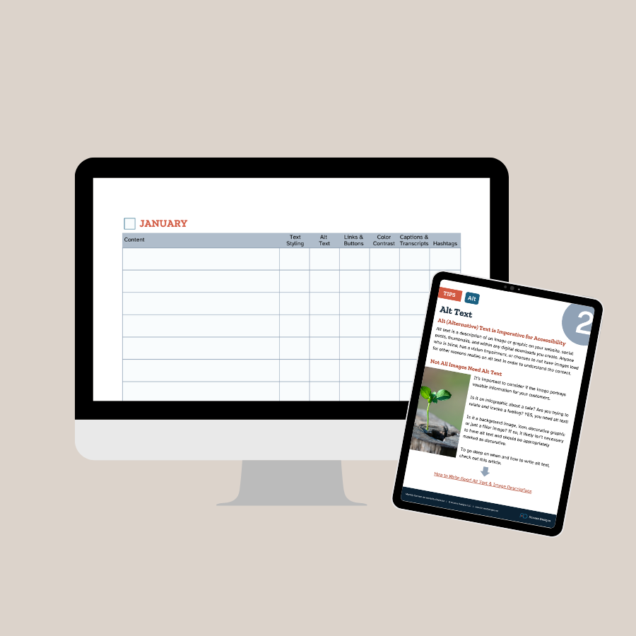 The printable and fillable checklist on a laptop and a tablet showing tip #2 which is all about alt text.