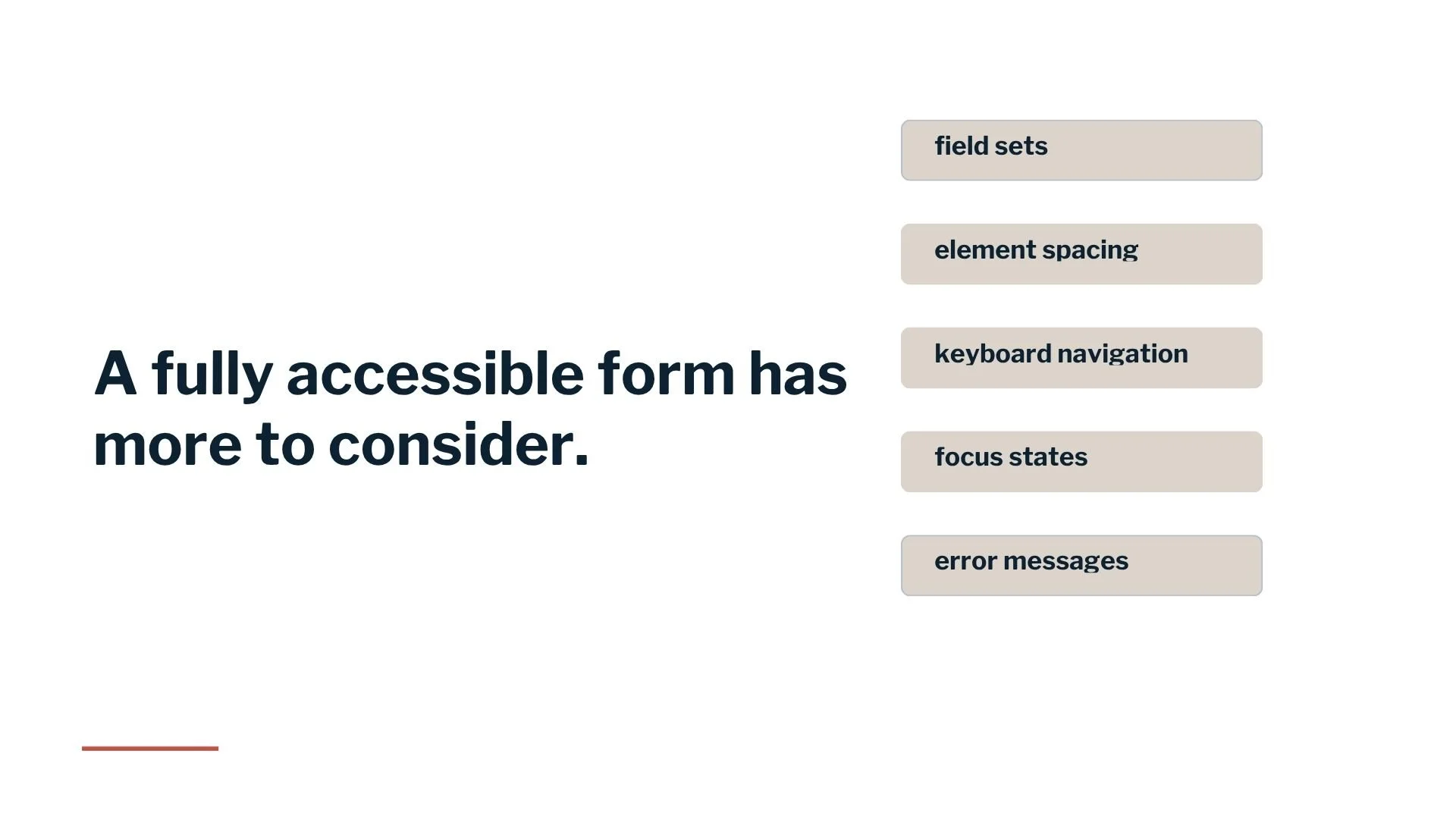 Text reading, "A fully accessible form has more to consider," with a column of text reading, "field sets, element spacing, keyboard navigation, focus states, and error messages."