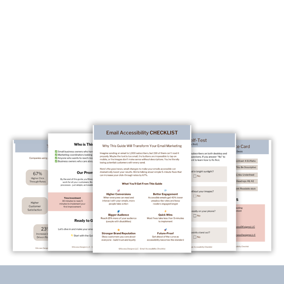 Several pages from the Email Accessibility Checklist stacked loosely on a white background.
