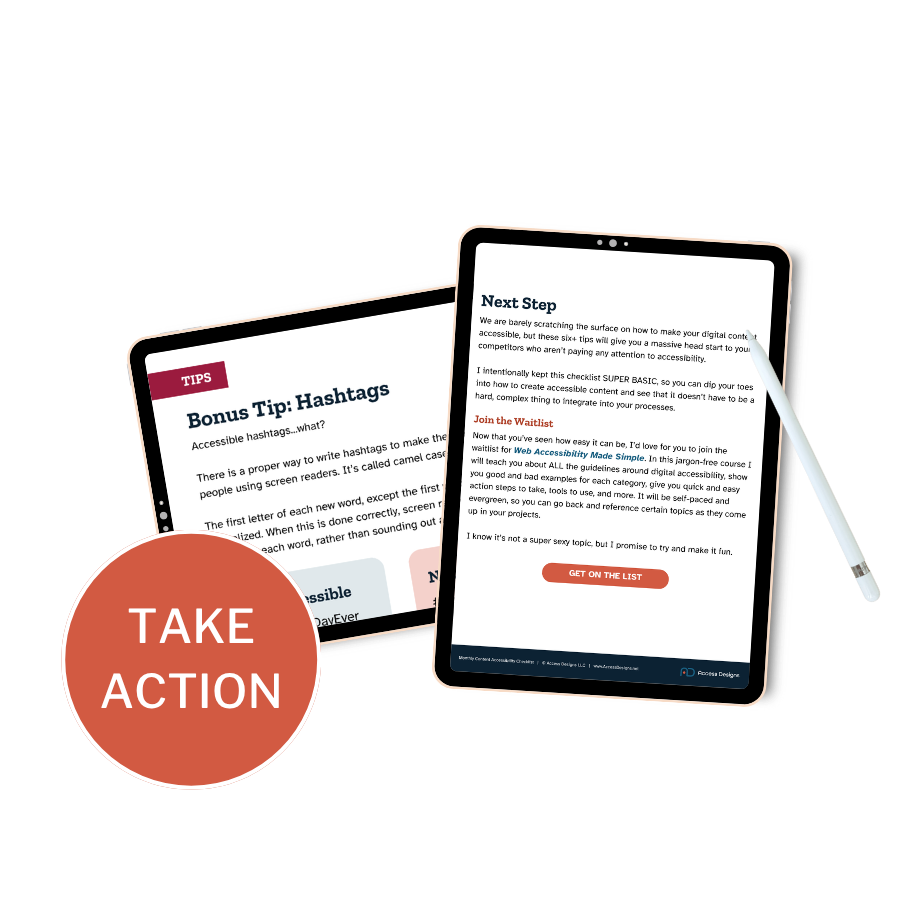 The bonus tips and next steps pages of the checlist displayed on two tablets, and a coral sun-shaped icon with the words "take action."