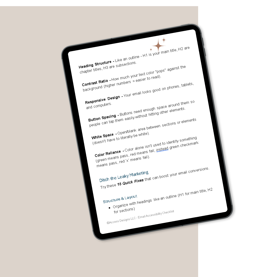 Accessibility terms from the checklist displayed vertically on a tablet.