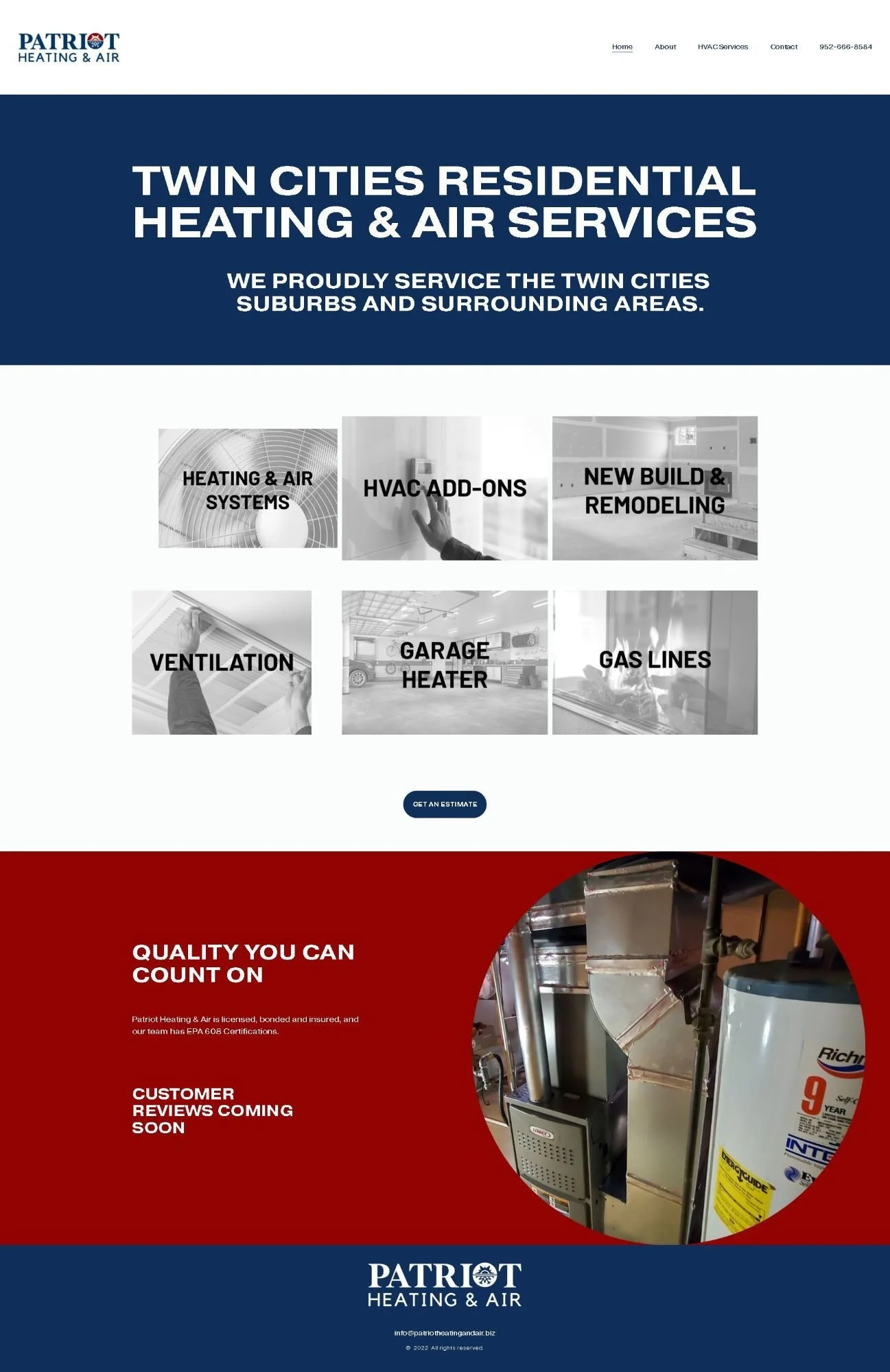 This bold red, white, and blue website for Patriot Heating and Air fully embodies this small business's loyalty to their community. This website offers in-depth explanations and photos of their services, team, and the locations they serve.