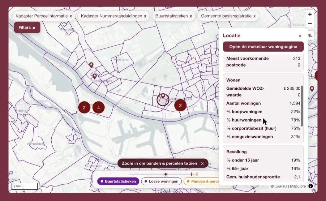 Kaart met statistieken over woningen in een gemeente, inclusief dichtheid, woningtypes en bevolkingsgegevens.