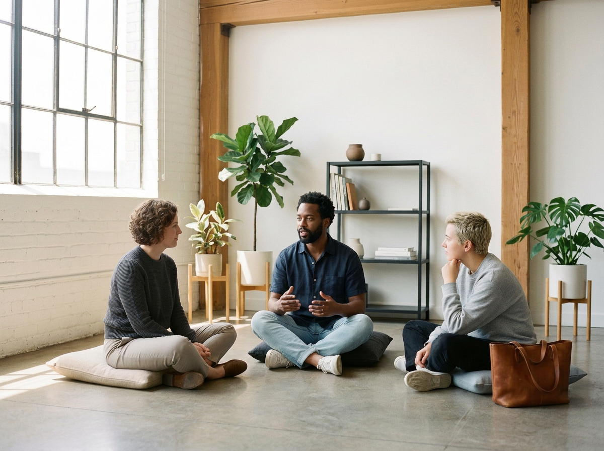 A man and two women sitting on cushions on the floor in office setting