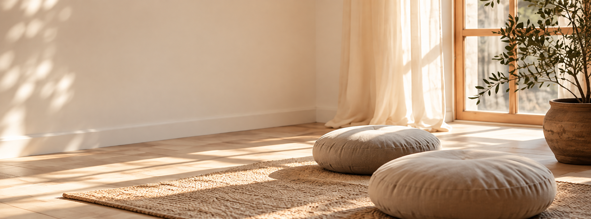 Sunlit minimalist mediation room with beige cushions on the floor