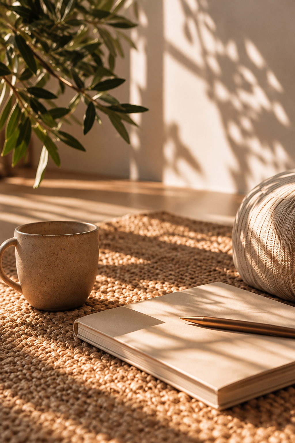 Coffee mug, closed notebook with pen, and decorative cushion on woven mat, with sunlight casting shadows on a table and plant in the background.