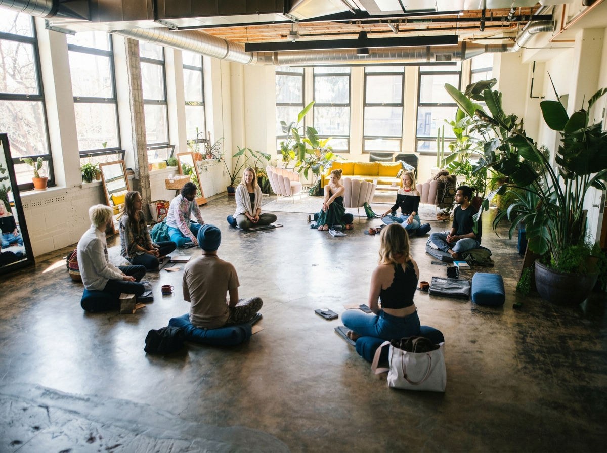 A group of people sitting in a circle in a room