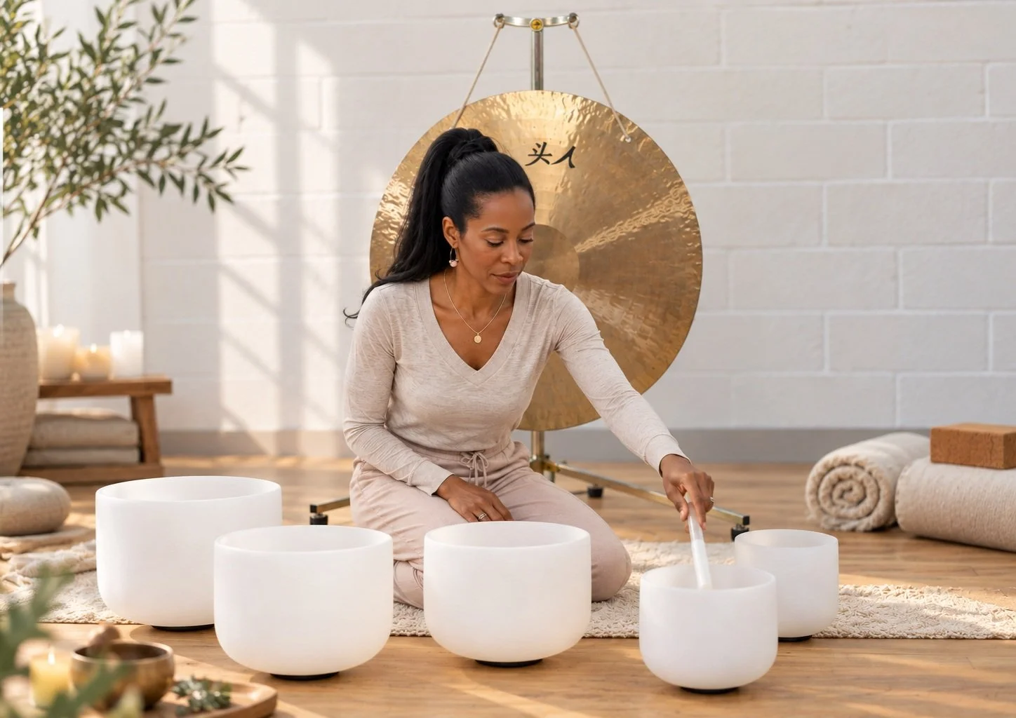 Jemma playing crystal bowls with a gold gong behind her.