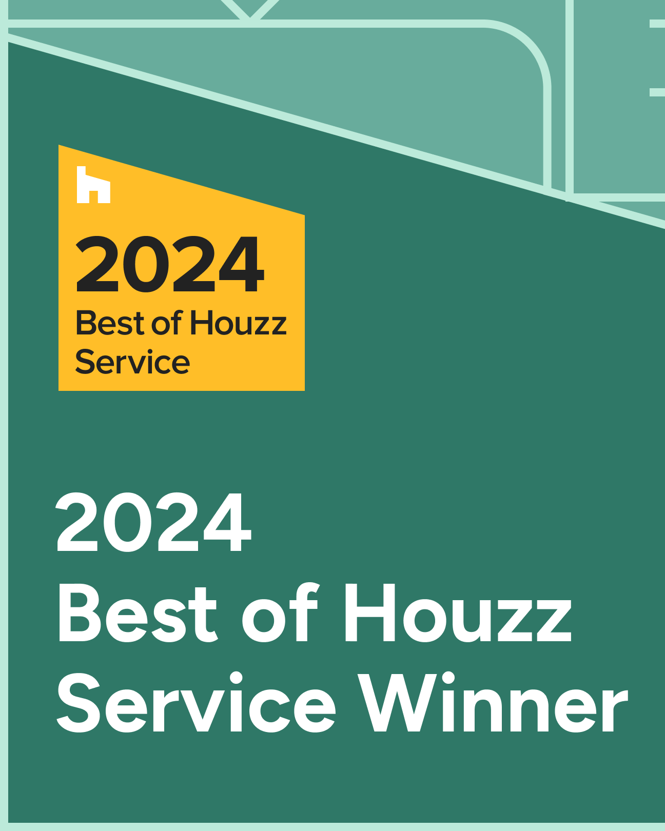 A digital badge for the 2024 Best of Houzz Service Winner with a green background and a yellow banner that reads '2024 Best of Houzz Service'.