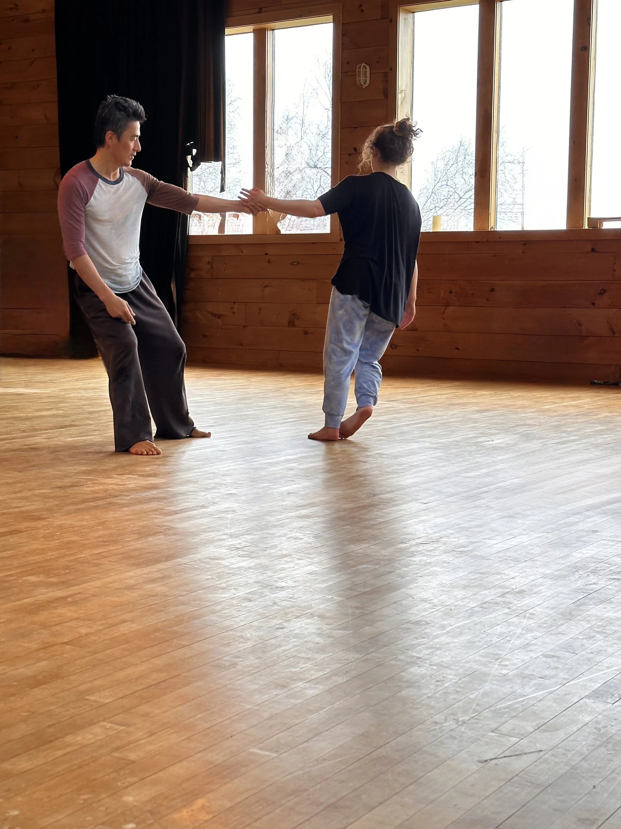 Two people practicingContact Improvisation, holding hands and leaning away from each other, sensing weight through each other's bodies to the floor in a wooden-floored studio with large windows showing winter trees outside.