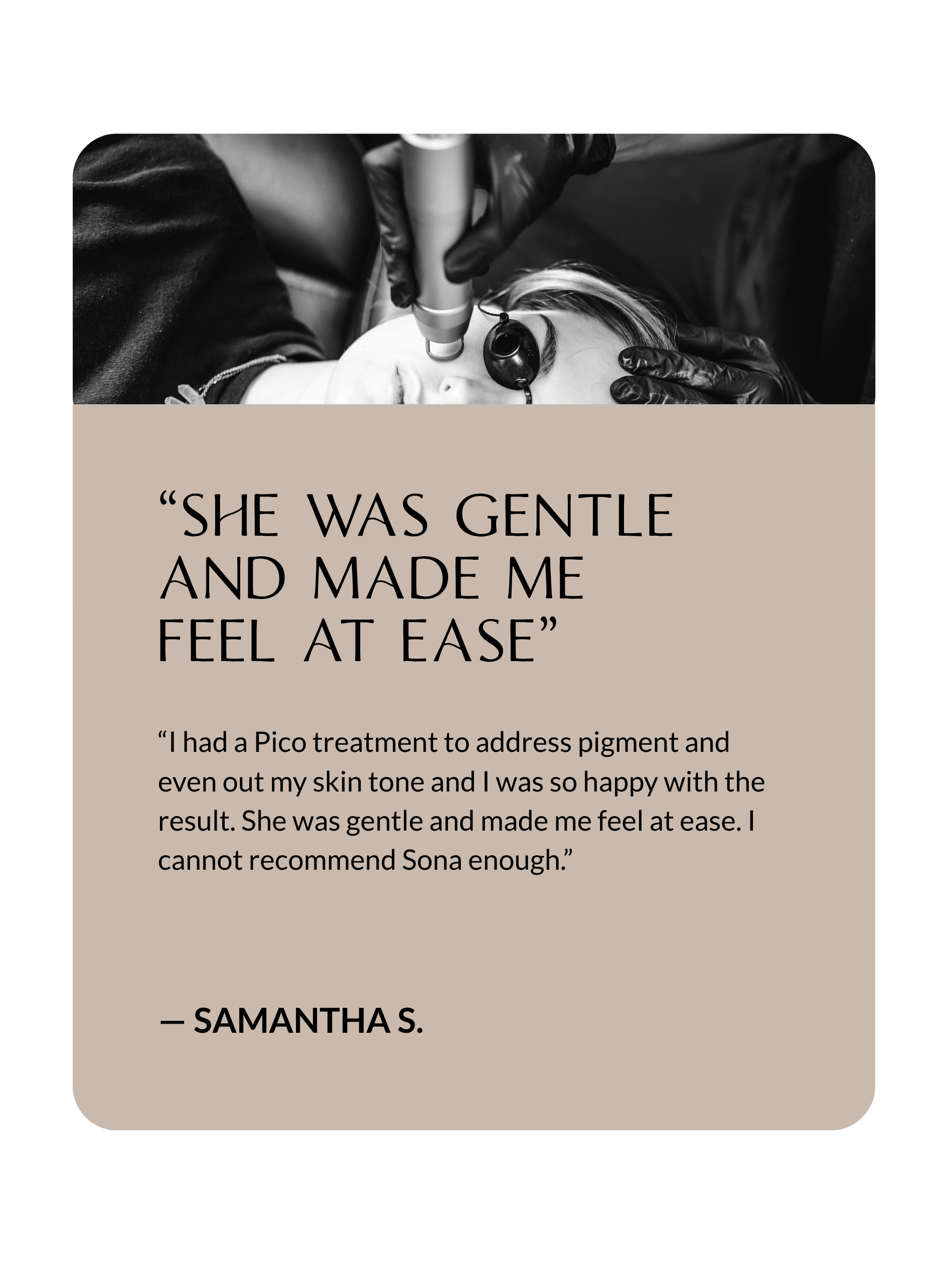 Client testimonial about sun damage and brown spot treatment at Sona Medical Aesthetics Newcastle WA