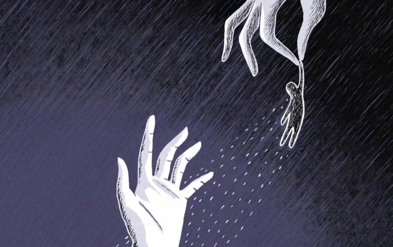 a drawing of a hand picking up a small figure.