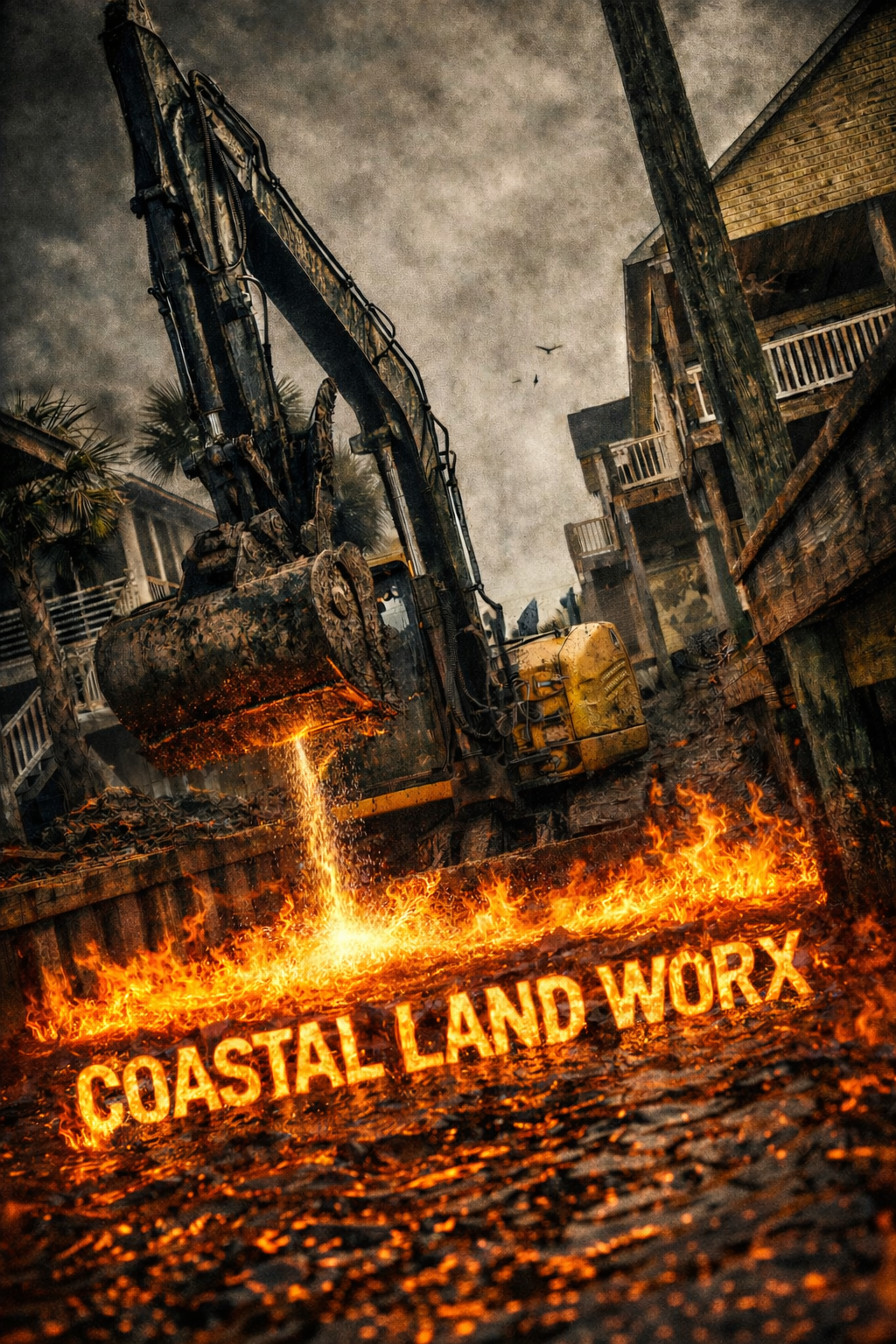 An excavator on fire amidst destruction, with flames and debris, and the text 'COASTAL LAND WORX' visible in fiery lettering.
