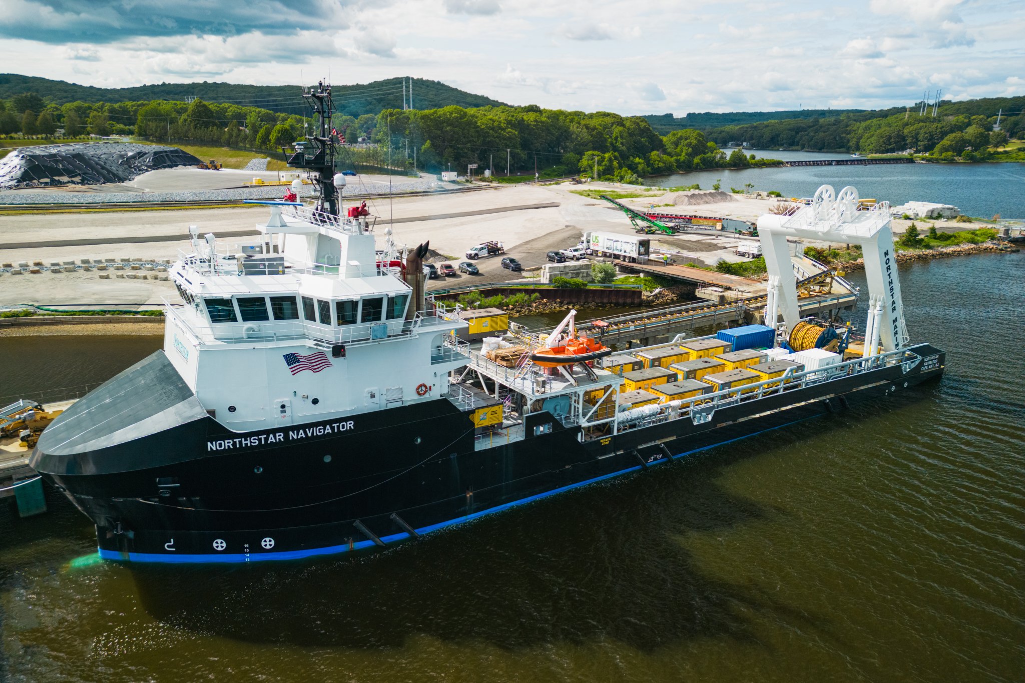 Aerial drone view of the Northstar Navigator loaded with bubble curtain equipment.
