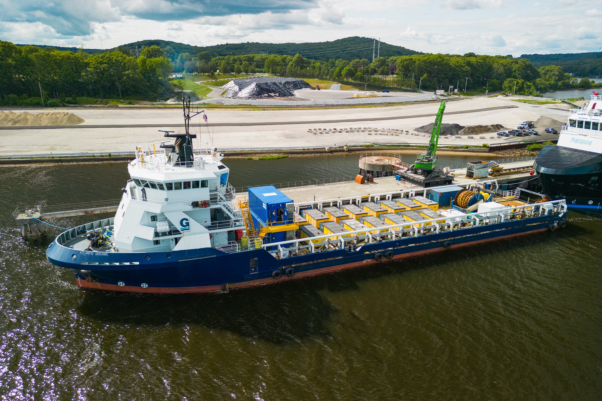 Aerial drone view of the Atlantic Oceanic carrying bubble curtain equipment.
