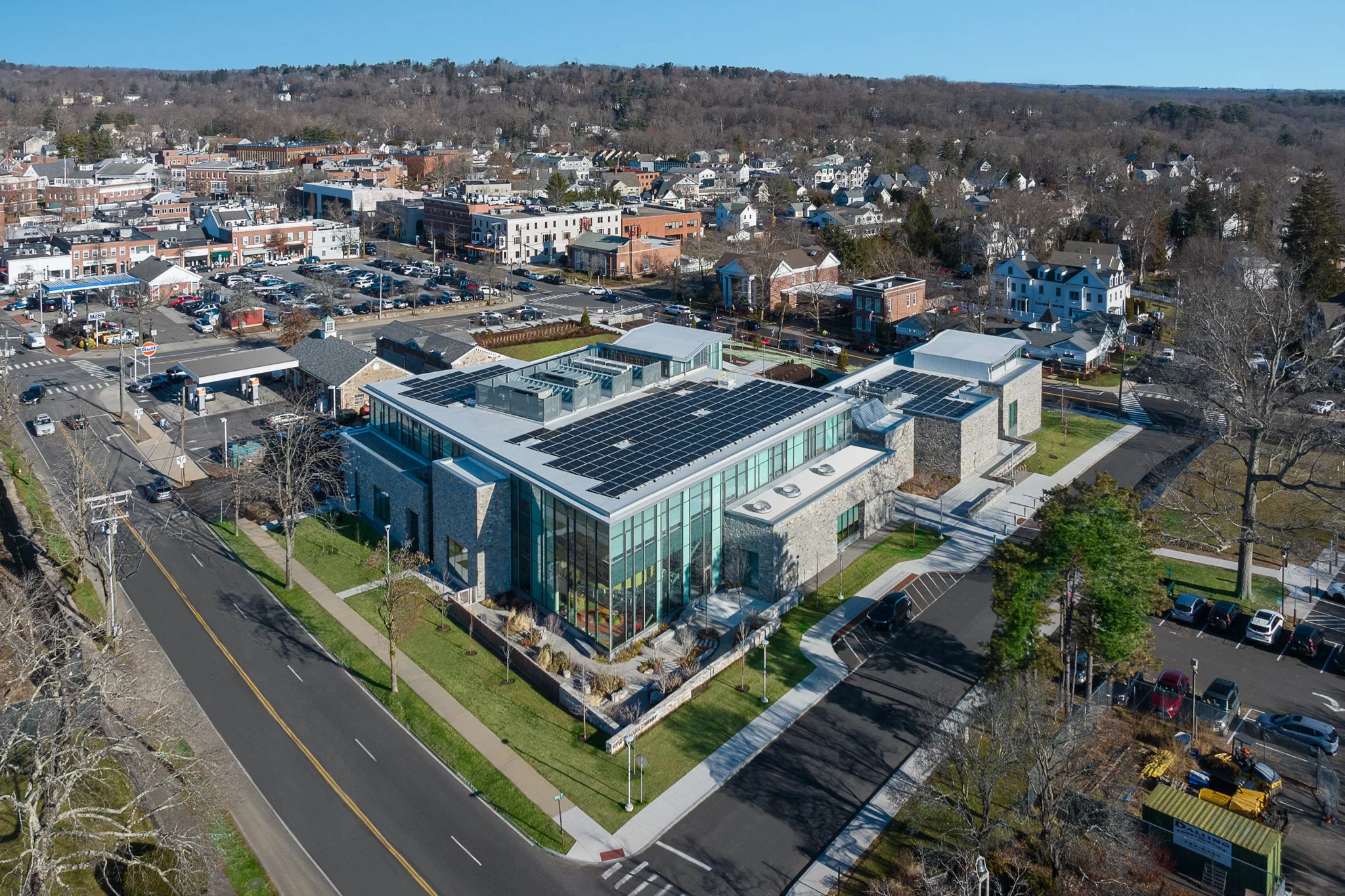 Aerial drone view of the library and surrounding downtown.