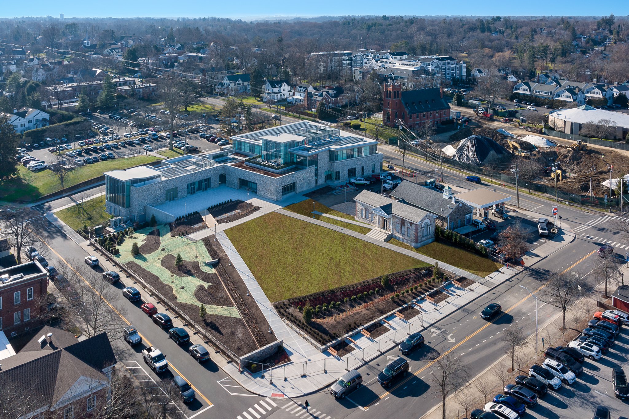 Aerial drone view of the rear courtyard lawn.