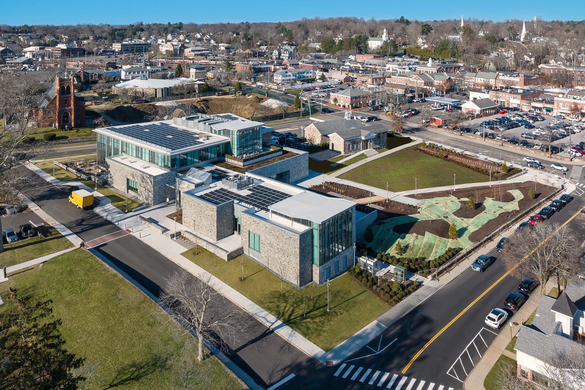 Aerial drone view of the New Canaan Library entrance and green roof.