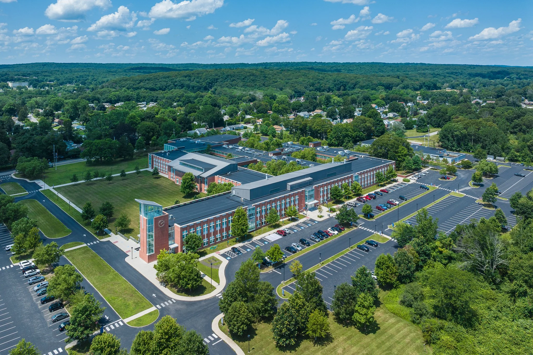 Aerial drone view of the CT State Community College Three Rivers campus in Norwich, CT.