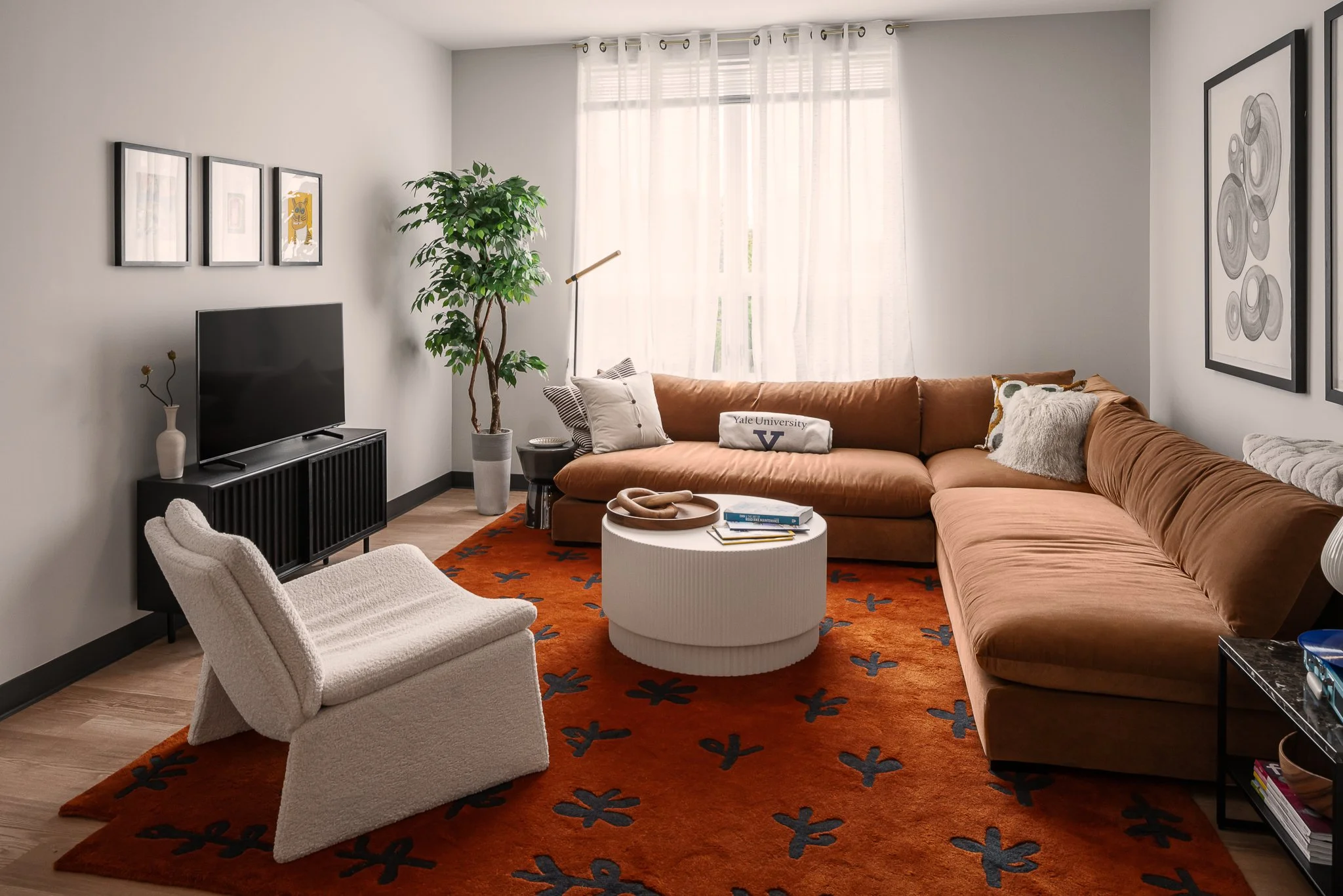 Apartment living room with a sectional sofa and patterned rug.