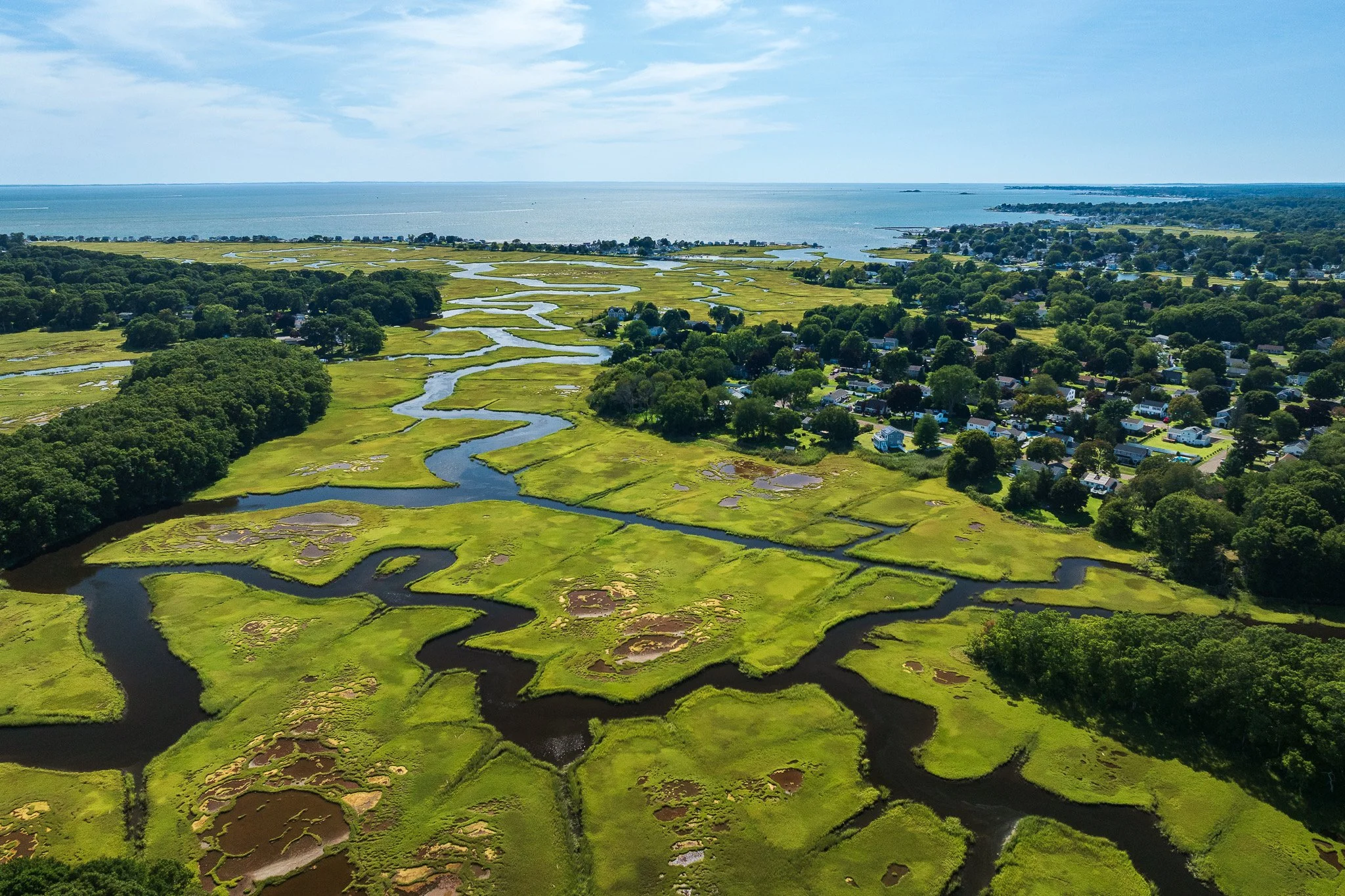 Aerial drone view of salt marsh creeks snaking toward the shoreline in Old Saybrook, CT.