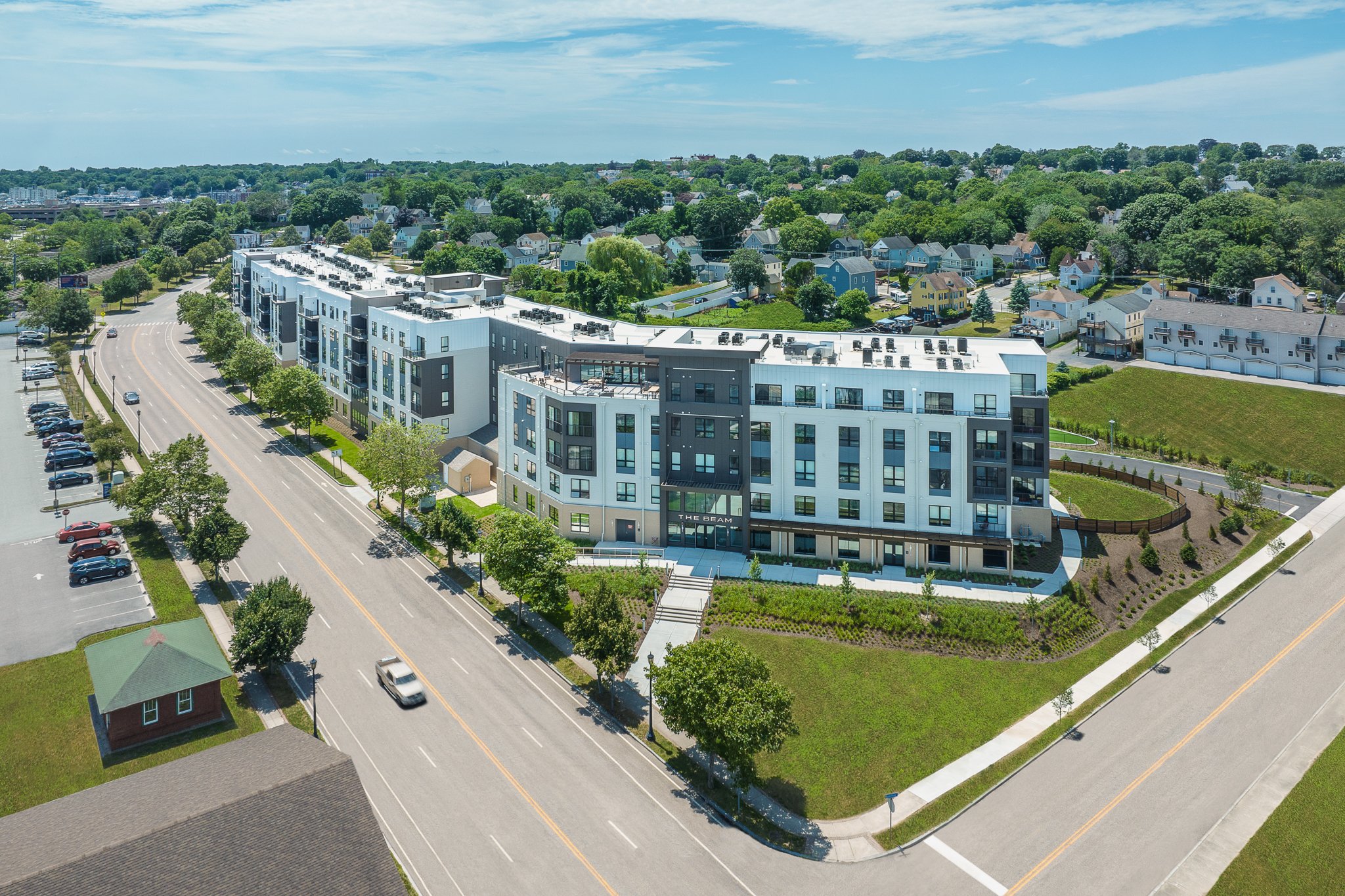 Aerial street view of The Beam Apartments front entrance on Howard Street, RJ Development & Advisors, New London, CT