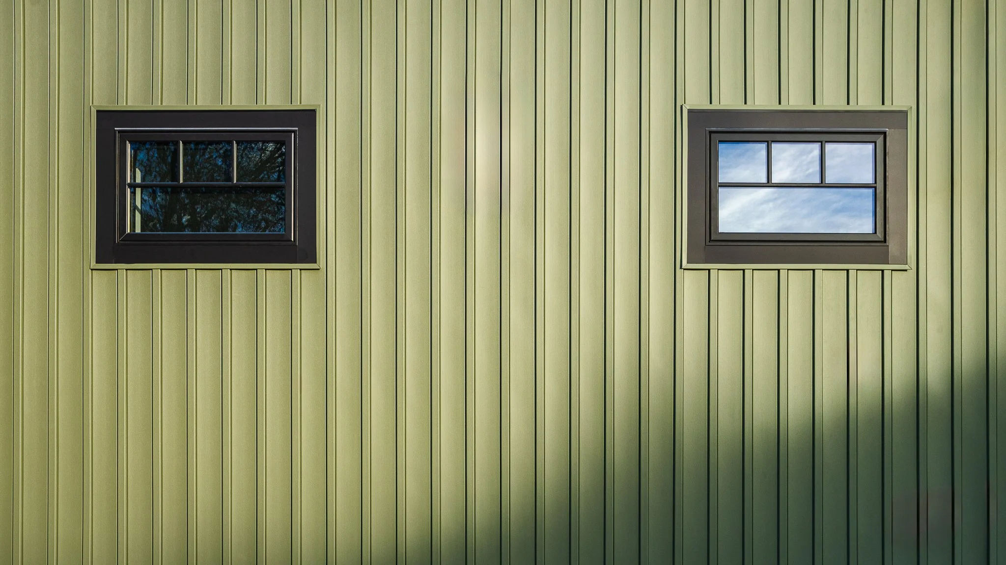 Detail of two black-framed windows set into sage green vertical siding, one reflecting bare trees and the other the sky.