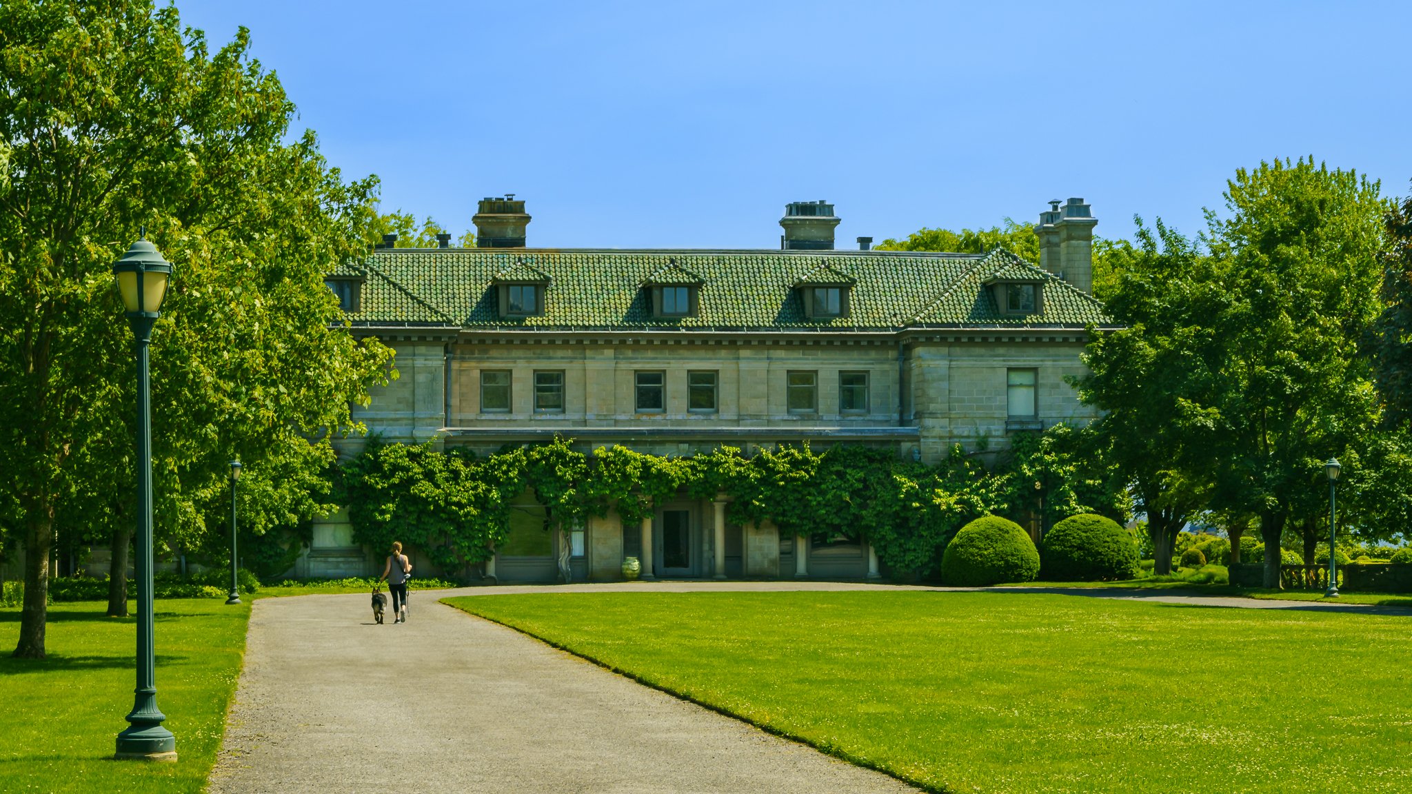 Eolia mansion seen from the tree-lined entrance drive at Harkness Memorial State Park in Waterford, CT.