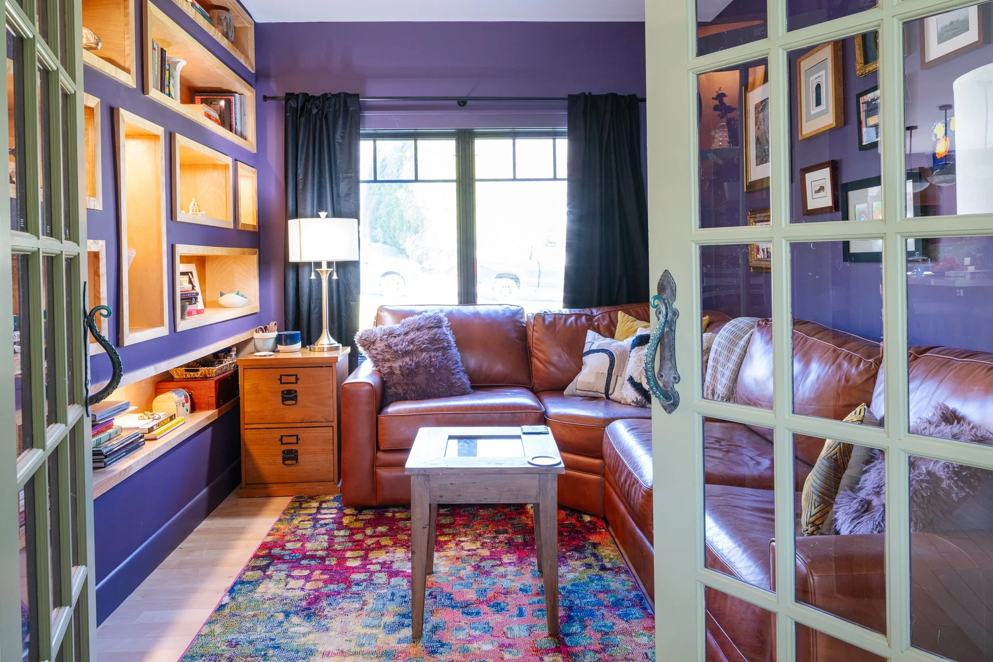 Before: raw capture of a purple reading nook straight from the camera.