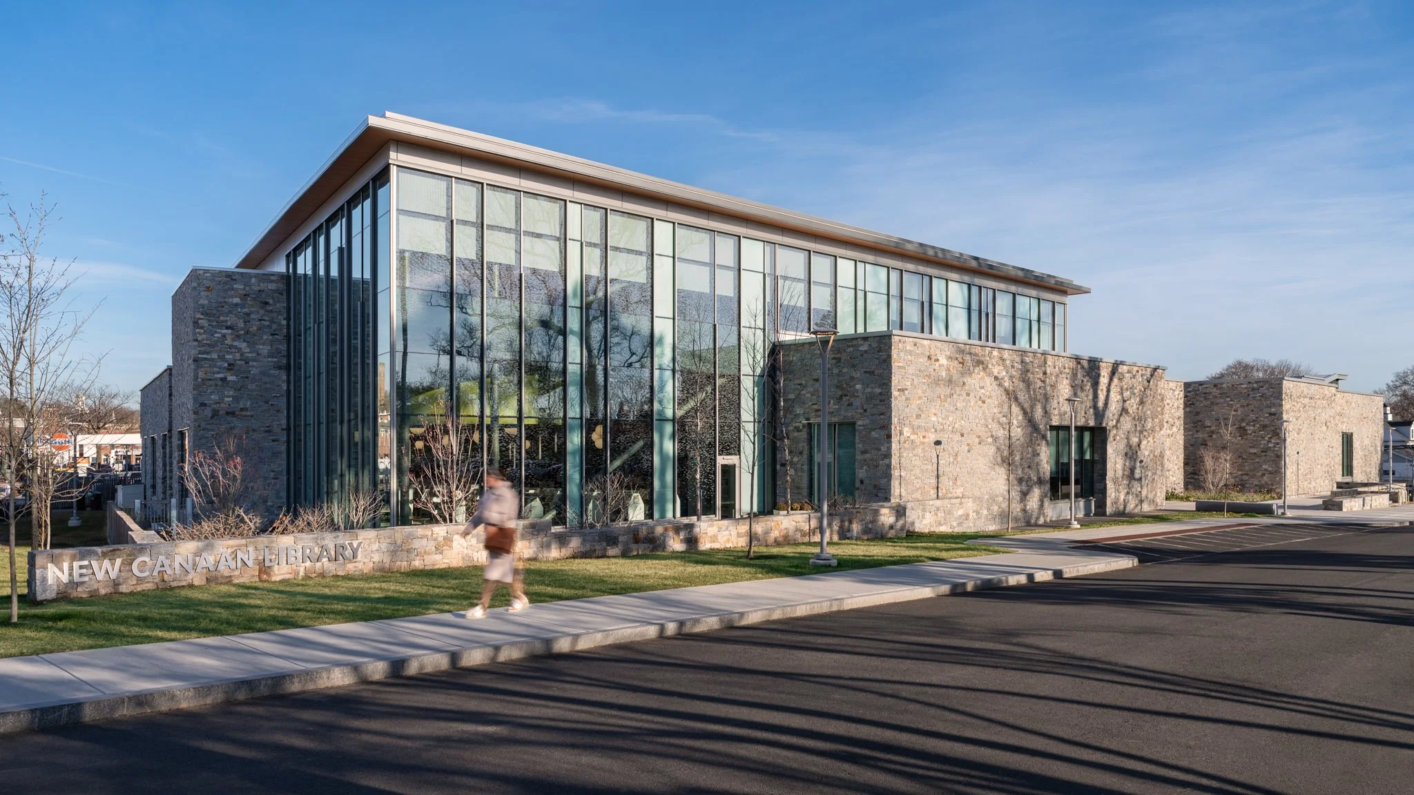 Glass and stone exterior of the New Canaan Library, completed with E2 Engineers in New Canaan, CT.