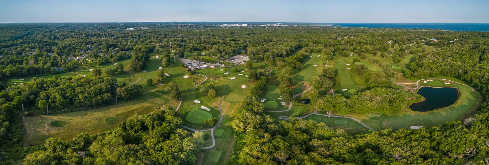 Aerial drone panorama of the Great Neck Country Club fairways in Waterford, CT.